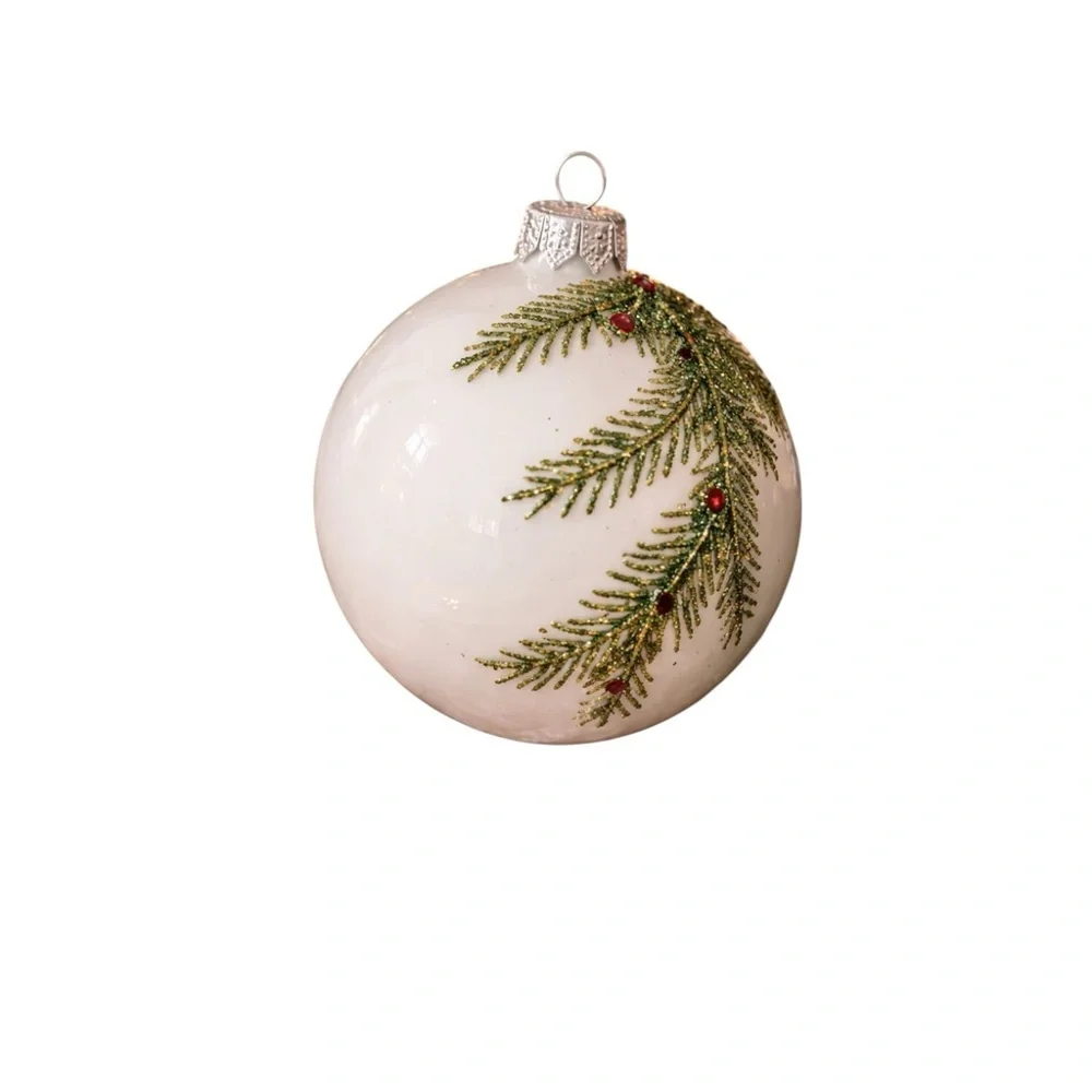 Crate & Barrel White Glass Christmas Ornament Glitter Pine Branch Red Jewel